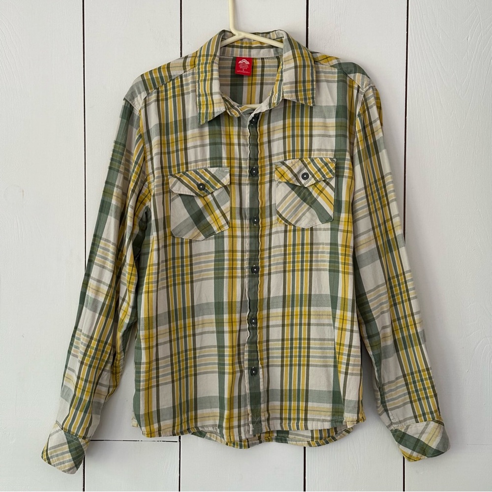 EMS Eastern Mountain Sports Plaid Flannel Shirt Sz S Green Yellow Grunge